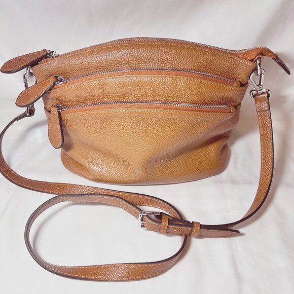 Heshe Shoulder/Crossbody Purse/Satchel-Leather-Multi Pockets-Adj. Strap-Camel - Picture 2 of 14